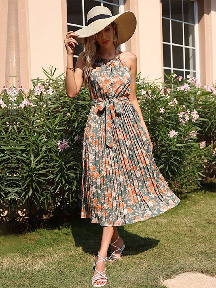 Robe Carré Plissé Fleuri A-Ligne