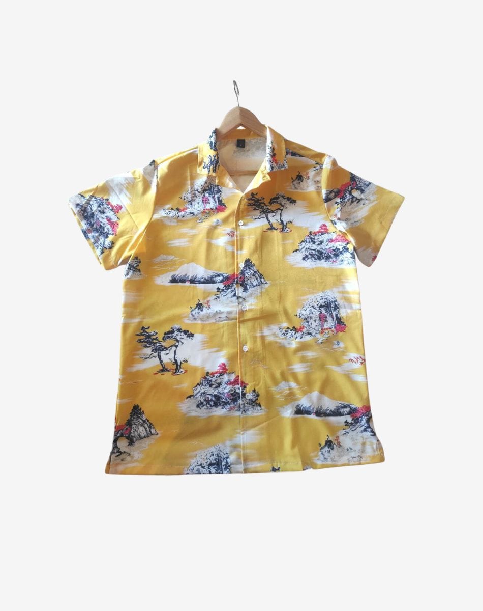 Chemise Hawaïenne Double Duck - Motif Palmiers & Bateaux, Couleurs Bleu/mauve/jaune, Taille XXL, Neuf Sans étiquettes
